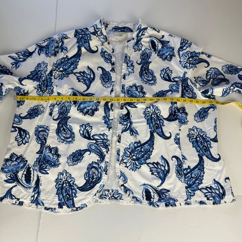 Appleseeds Blue White Paisley Ruffle Trim Open Front Jacket Womens Plus 3X - Picture 5 of 9